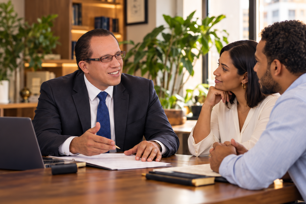 Consulta jurídica: un abogado conversa con dos clientes en una mesa de reunión.